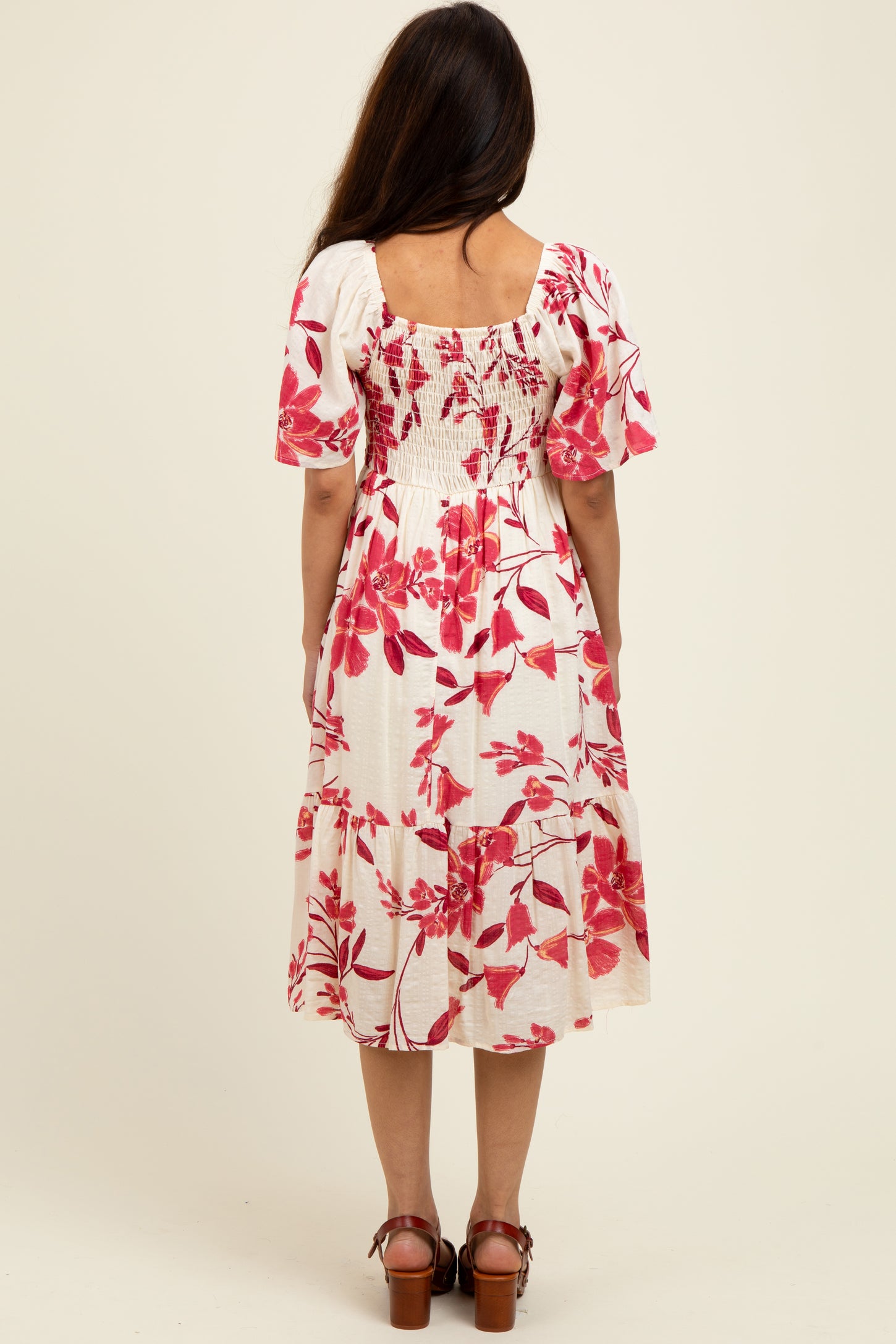 Fuchsia Floral Smocked Flutter Sleeve Midi Dress