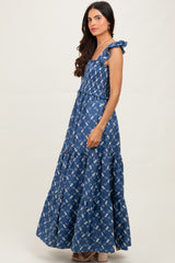 Denim Off White Floral Embroidered Tiered Maxi Dress
