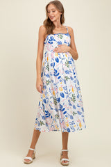 Ivory/Blue Leaf Printed Contrast Piping Detail Maternity Midi Dress