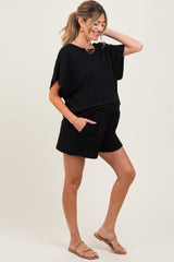 Black Textured Modal Knit Loose Fit Maternity Top & Shorts Set