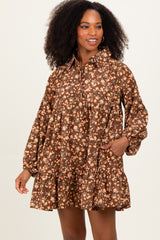 Brown Floral Print Shirring Half Buttoned Maternity Shirt Dress