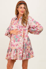 Apricot/Red Multi Floral Paisley Print Half Buttoned Maternity Shirt Dress