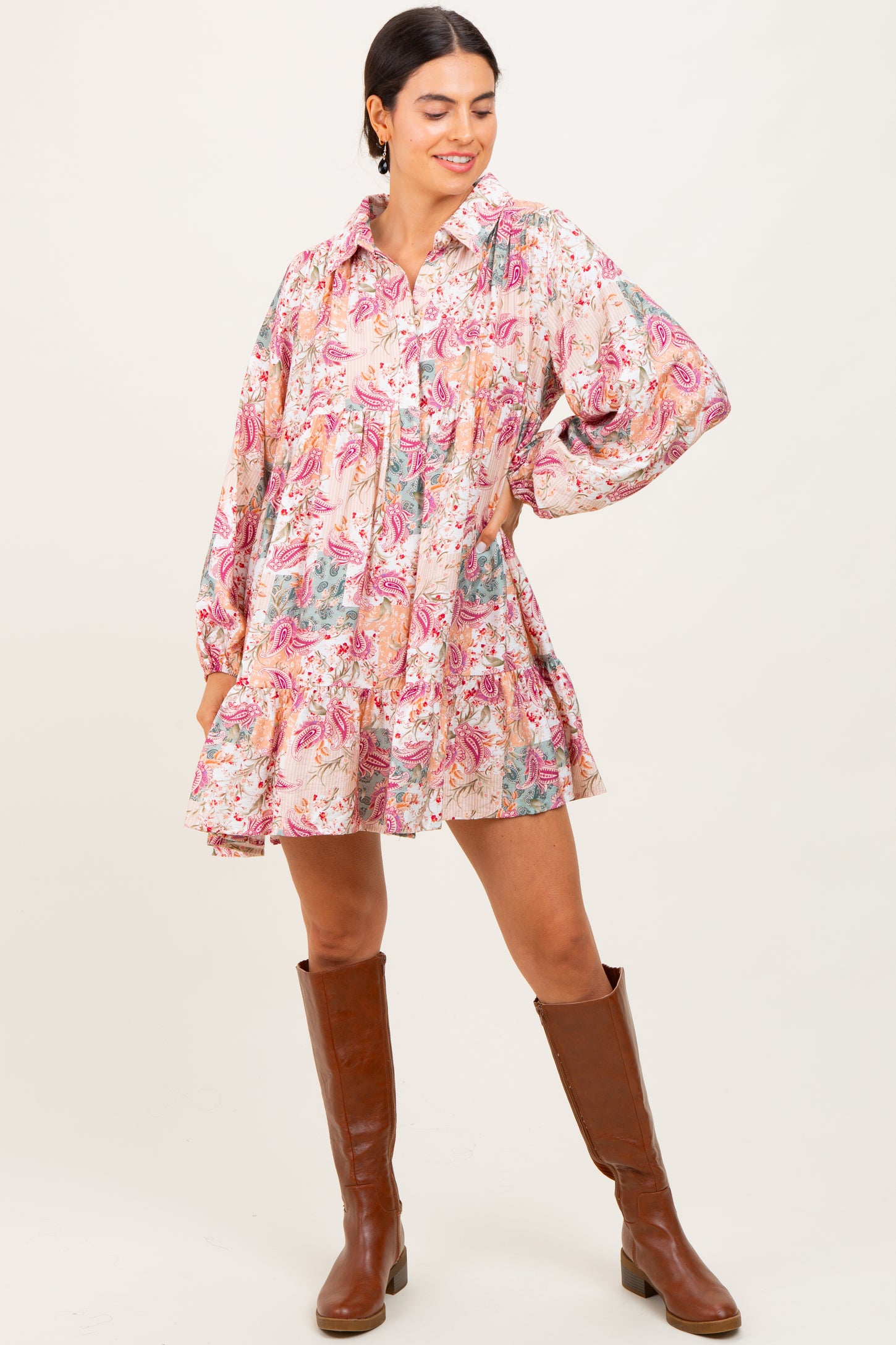 Apricot/Red Multi Floral Paisley Print Half Buttoned Maternity Shirt Dress