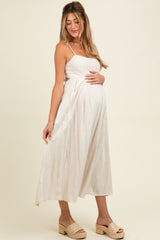 Beige Linen Ribbon Pattern Embroidered Maternity Midi Dress