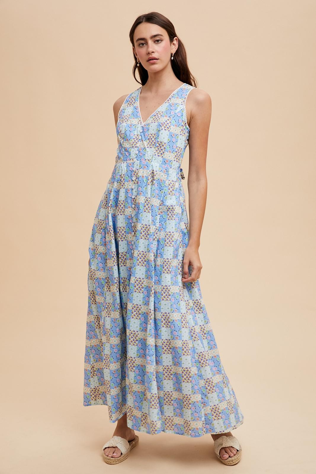 Light Blue Multi Cotton Patchwork Print Button Down Maxi