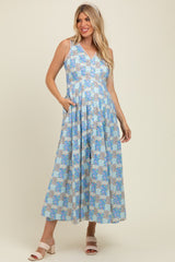 Light Blue Multi Cotton Patchwork Print Button Down Maternity Maxi