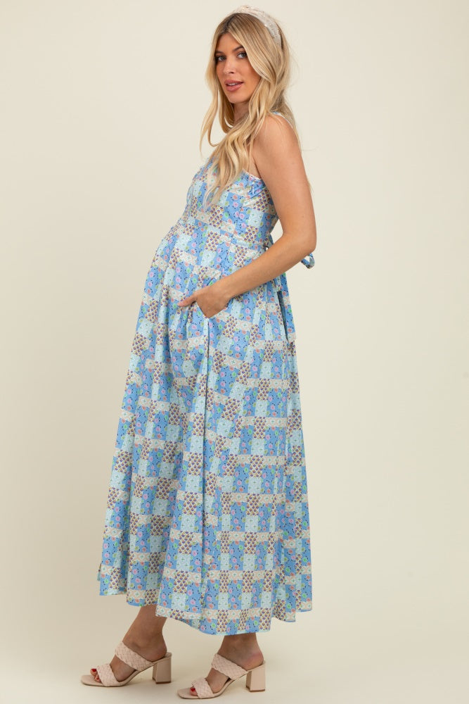 Light Blue Multi Cotton Patchwork Print Button Down Maternity Maxi