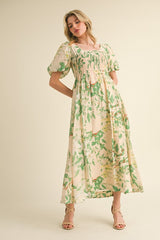 Green Print Puff Sleeve Square Neck Maxi Dress
