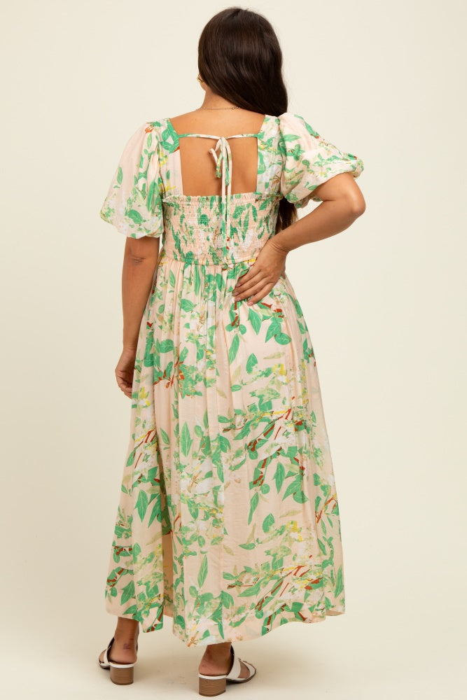 Green Print Puff Sleeve Square Neck Maternity Maxi Dress