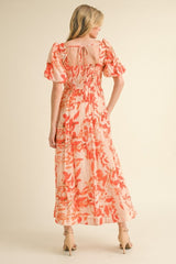 Orange Print Puff Sleeve Square Neck Maxi Dress