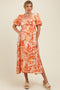 Orange Print Puff Sleeve Square Neck Maternity Maxi Dress