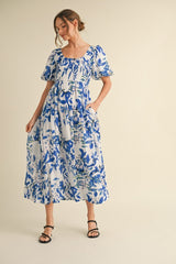 Royal Blue Print Puff Sleeve Square Neck Maternity Maxi Dress