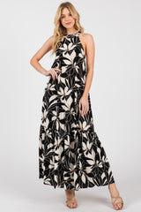 Black/Beige Print Halter Neck Tiered Maternity Maxi Dress