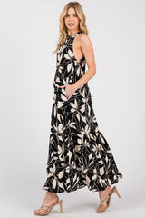 Black/Beige Print Halter Neck Tiered Maxi Dress