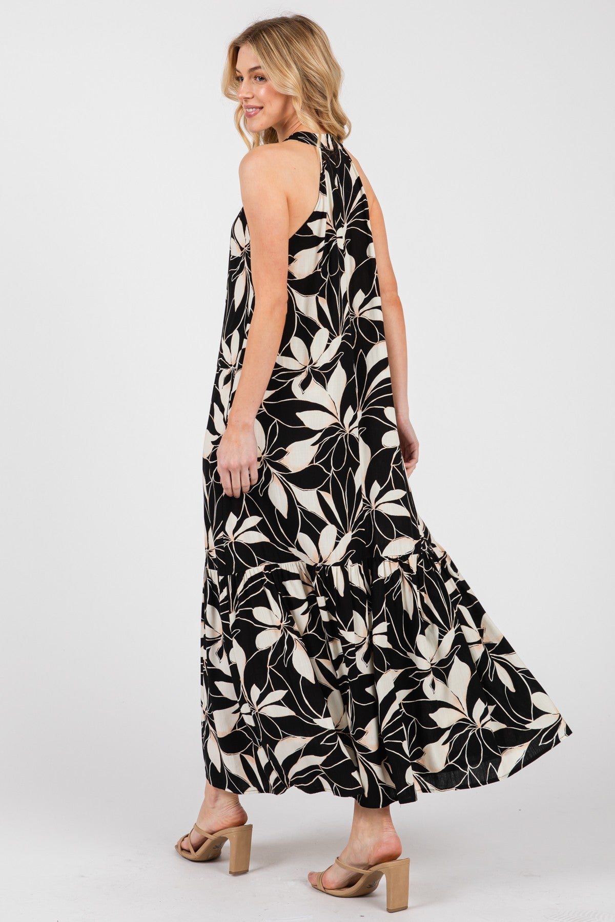 Black/Beige Print Halter Neck Tiered Maxi Dress