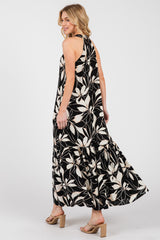 Black/Beige Print Halter Neck Tiered Maxi Dress
