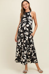 Black/Beige Print Halter Neck Tiered Maternity Maxi Dress