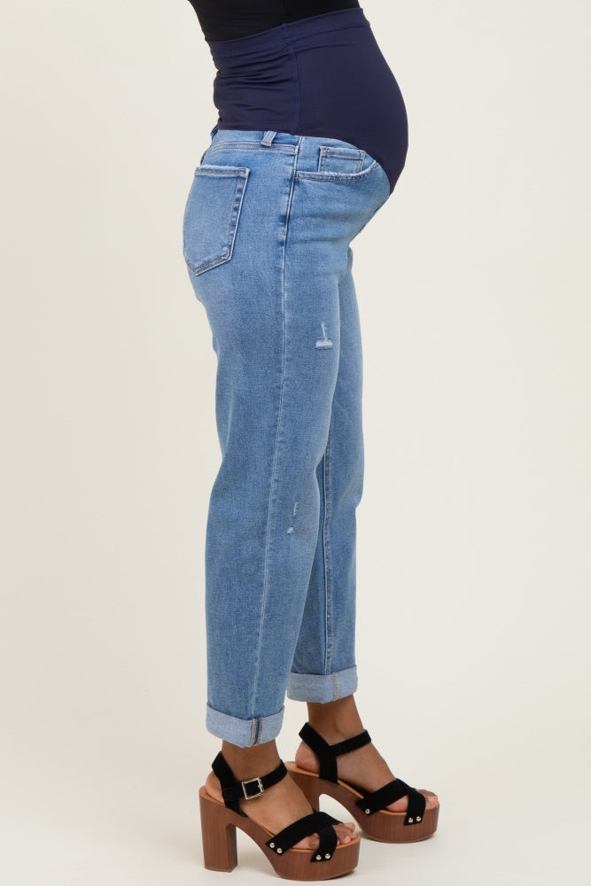 Blue High Rise Cuffed Boyfriend Maternity Jeans