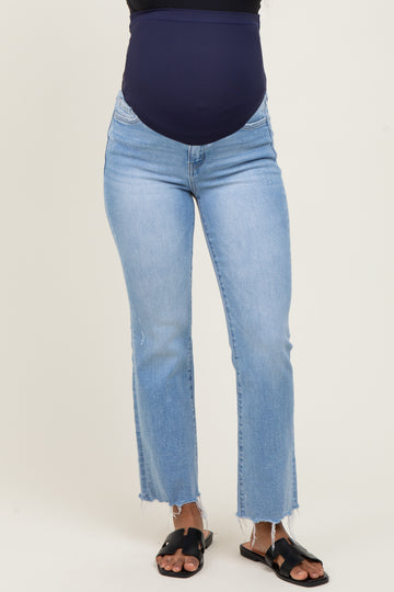 Blue High Rise Uneven Raw Hem Kick Flare Maternity Jeans