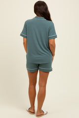 Light Olive Short Sleeve Button Down Shirt Shorts Maternity Set