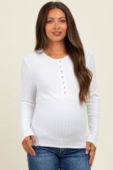 Off White Ribbed Knit Button Long Sleeve Maternity Top