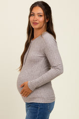 Light Brown Ribbed Knit Button Long Sleeve Maternity Top