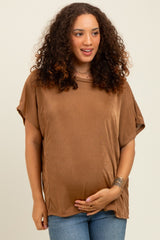Camel Relaxed Fit Round Neck Cap Sleeves Maternity Top