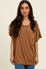 Camel Relaxed Fit Round Neck Cap Sleeves Top