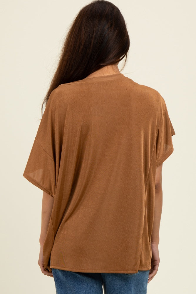 Camel Relaxed Fit Round Neck Cap Sleeves Top