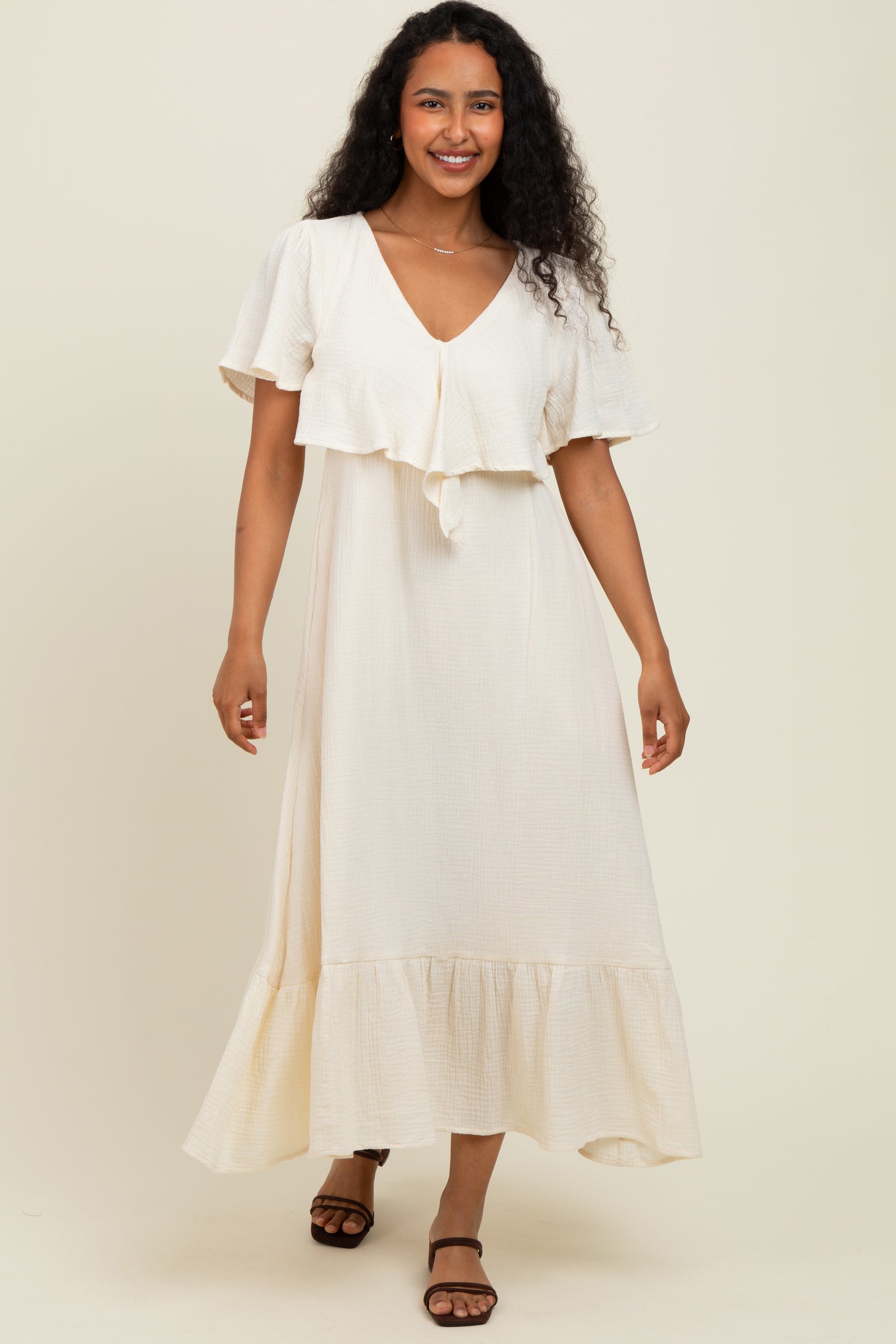 Cream Bust Knot Cotton Gauze Maternity Midi Dress