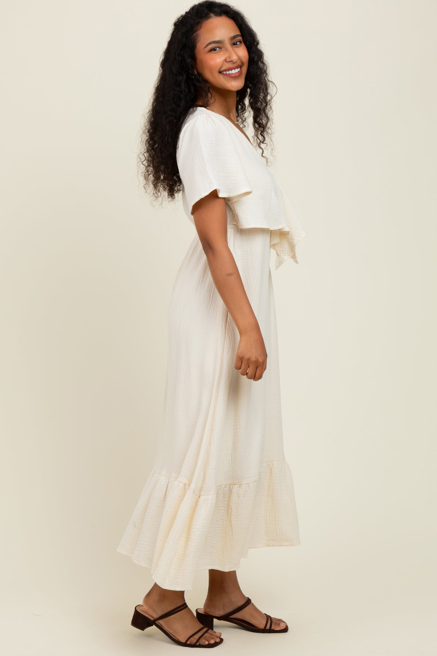 Cream Bust Knot Cotton Gauze Midi Dress