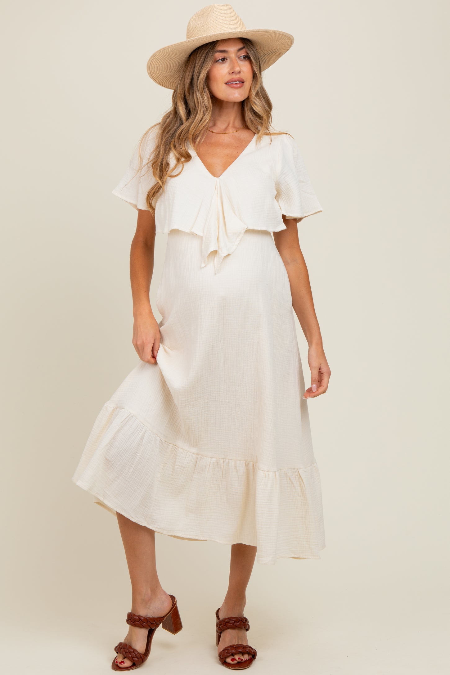 Cream Bust Knot Cotton Gauze Maternity Midi Dress