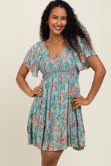 Mint Smocked Bodice V Neck Flutter Sleeve Dress