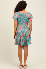 Mint Smocked Bodice V Neck Flutter Sleeve Maternity Dress