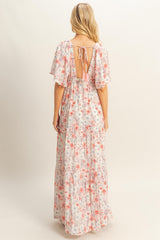 Coral Floral V-Neck Flowy Tiered Maxi Dress
