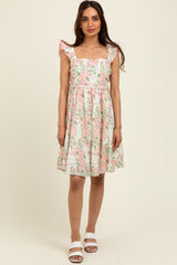 Pink Floral Print Smocked Back Dress