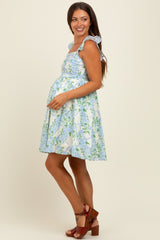 Blue Floral Print Smocked Back Maternity Dress
