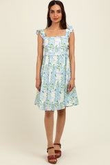 Blue Floral Print Smocked Back Dress