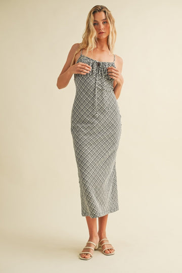 Black Textured Plaid Drawstring Neck Midi Dress