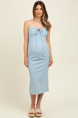 Blue Textured Plaid Drawstring Neck Maternity Midi Dress