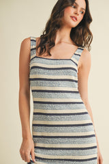 Denim Multi Square Neck Striped Sleeveless Dress