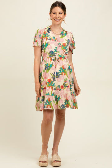 Cream V-Neck Flutter Short Sleeve Maternity Mini Dress