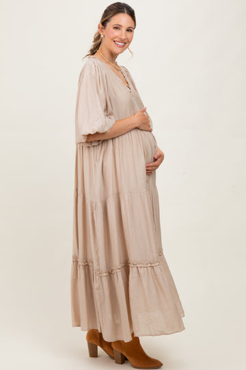 Beige Puff Short Sleeve Crepe Tiered Maternity Maxi Dress