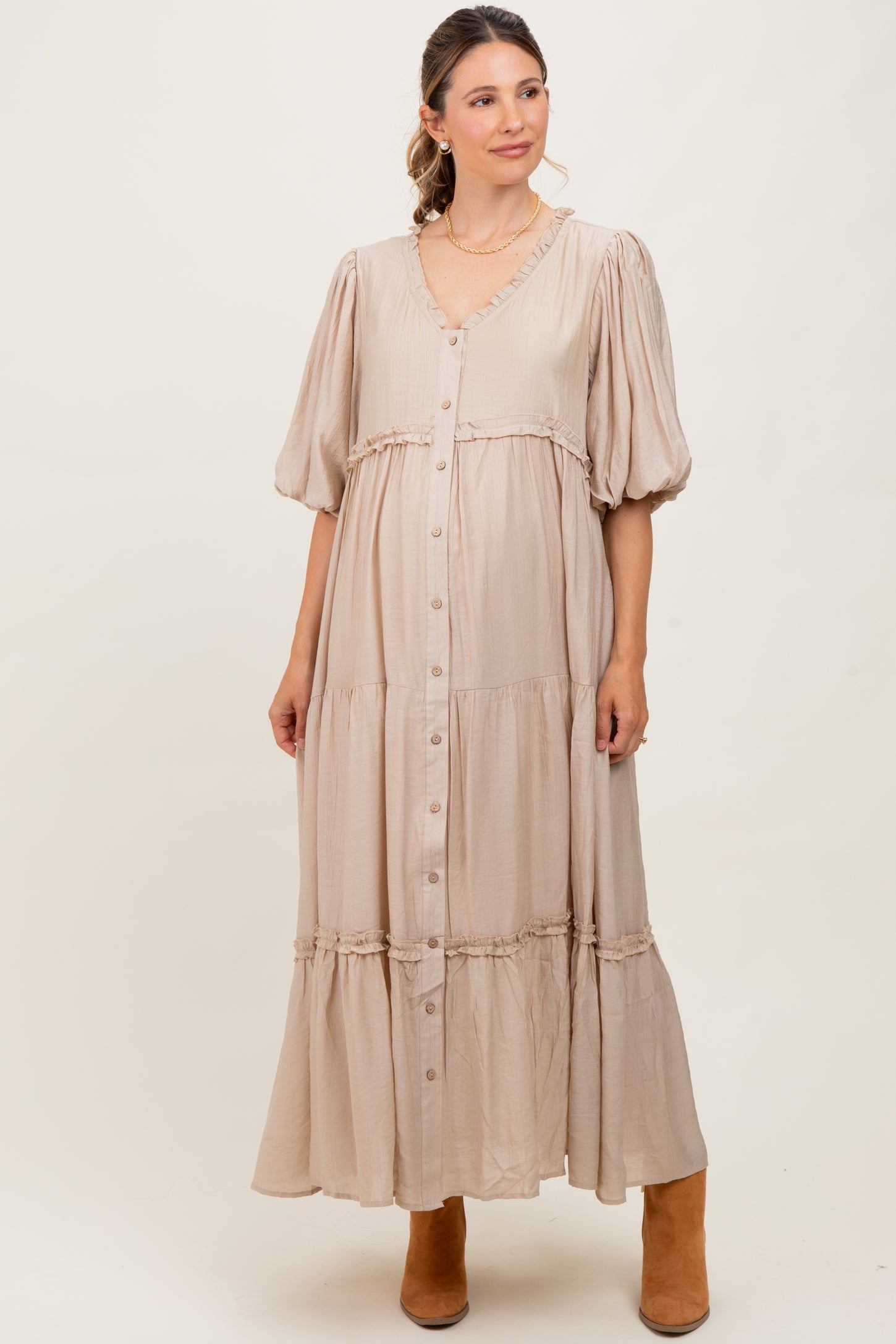 Beige Puff Short Sleeve Crepe Tiered Maternity Maxi Dress