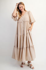 Beige Puff Short Sleeve Crepe Tiered Maxi Dress