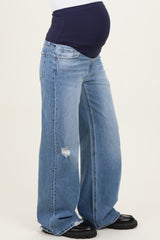 Blue High Rise Distressed Wide Leg Maternity Jeans