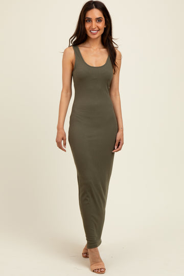 Olive Scoop Neck Sleeveless Rayon Rib Maxi Knit Dress