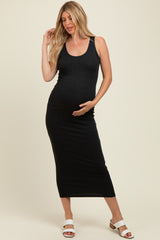 Charcoal Scoop Neck Sleeveless Rayon Rib Maternity Maxi Knit Dress