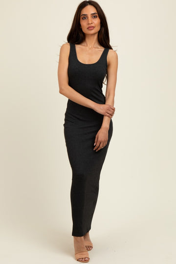 Charcoal Scoop Neck Sleeveless Rayon Rib Maxi Knit Dress