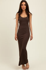 Brown Scoop Neck Sleeveless Rayon Rib Maternity Maxi Knit Dress
